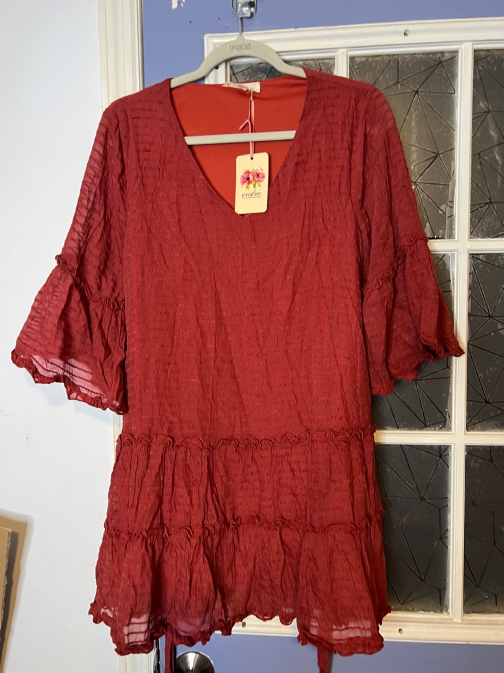Entro Meduim Red Tiered V-Neck Tunic Dress nwt